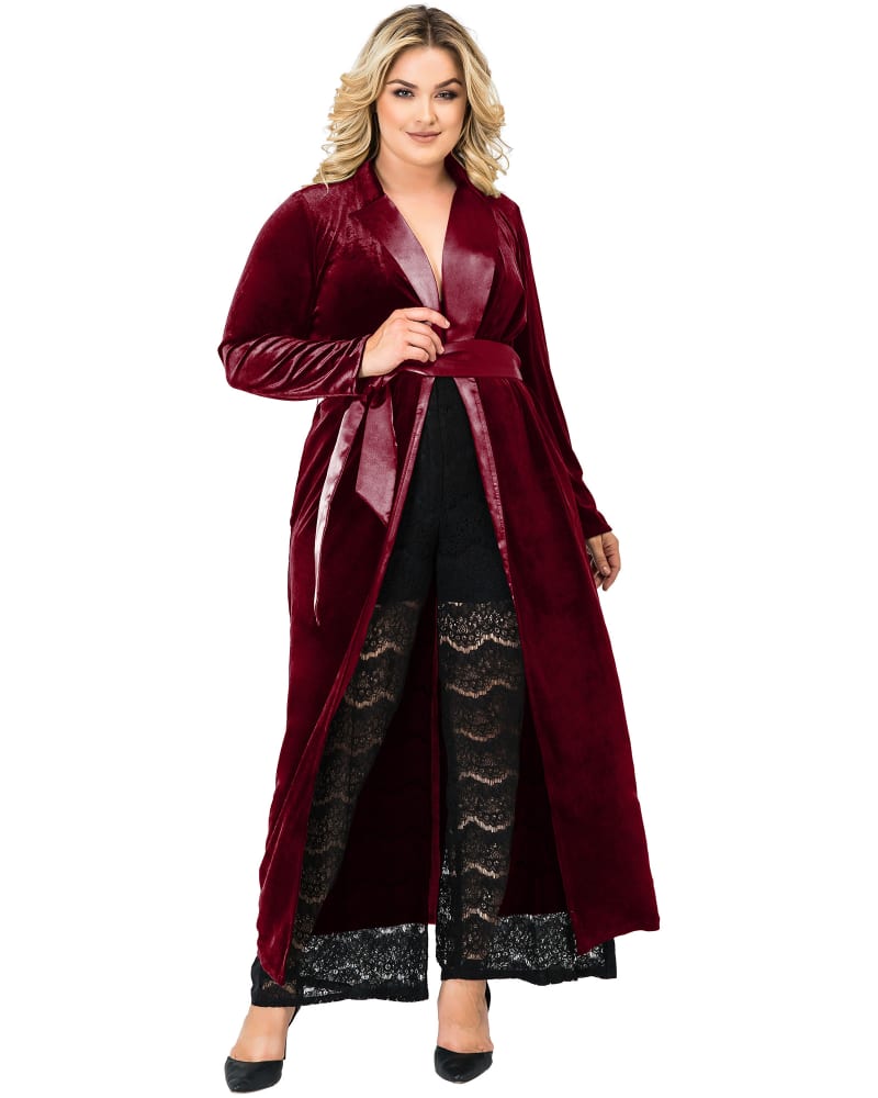 Front of a model wearing a size 2X Women's Velvet Wrap Satin Belt Midi Coat Dress in DEEPRED by Standards & Practices. | dia_product_style_image_id:280787